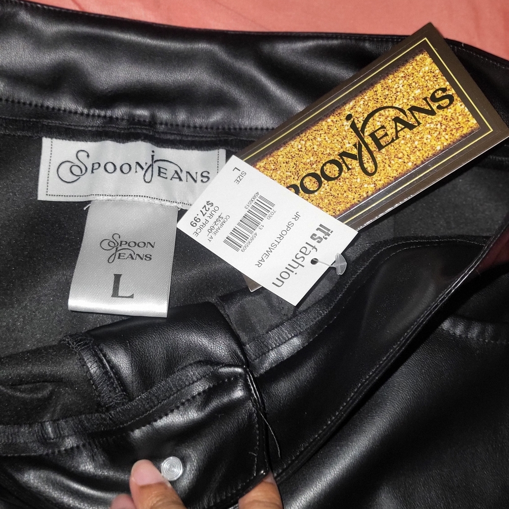 Women's Black Faux Leather Pants with Fur Trim - Picture 9 of 11